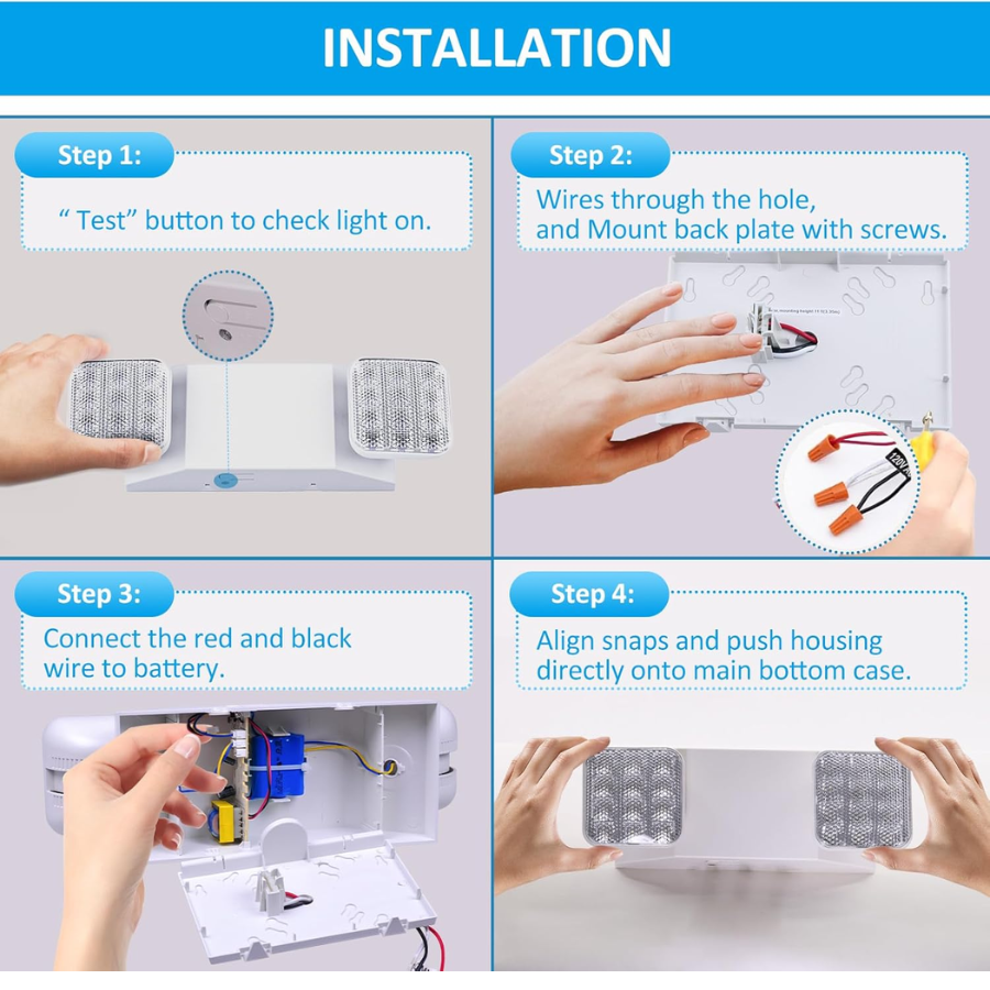 Indoor Emergency Lights with Battery Backup (90 Minutes), 2 Adjustable LED Heads, Wall Mount, Hardwired, Test Switch, Charge Indicator, 120-277V, Fire Resistant (UL 94V-0)