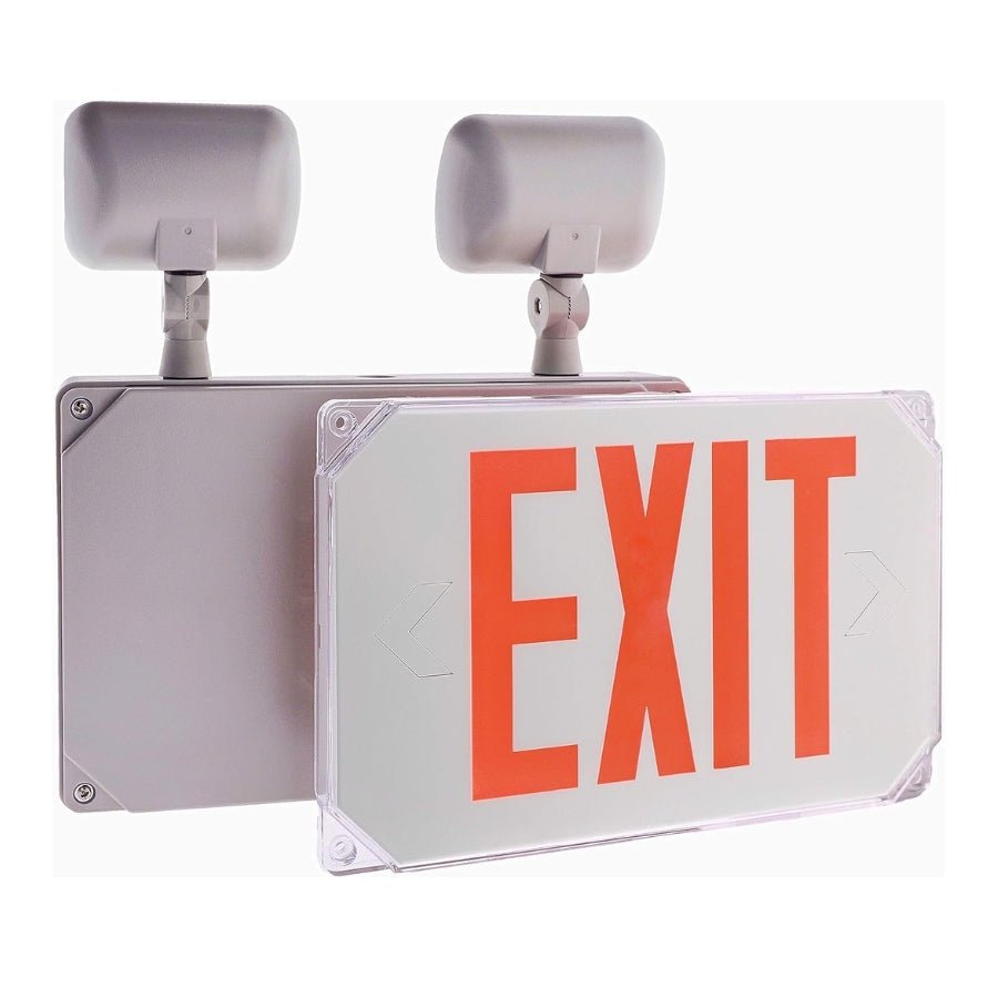 Wet Location Exit Sign Emergency Light - Red LED Weatherproof Outdoor Combo Unit with Battery Backup, Double Face, UL Certified, AC 120V/277V, Ideal for Commercial & Industrial Use