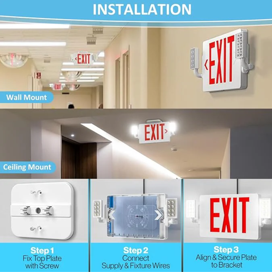 Double Sided LED Emergency EXIT Sign Combo, Two LED Lights, Backup Battery, US Standard Red Letter Emergency Exit Lighting, Commercial Grade, 120-277V, Fire Resistant (UL 94V-0)