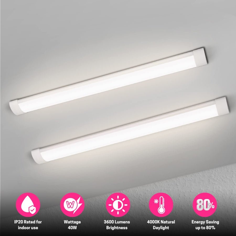 4FT LED Batten Light, Ceiling Surface Mounted Slim LED Tube Lights, 40W 5000K Neutral White For Office, Shop, Garage, Home