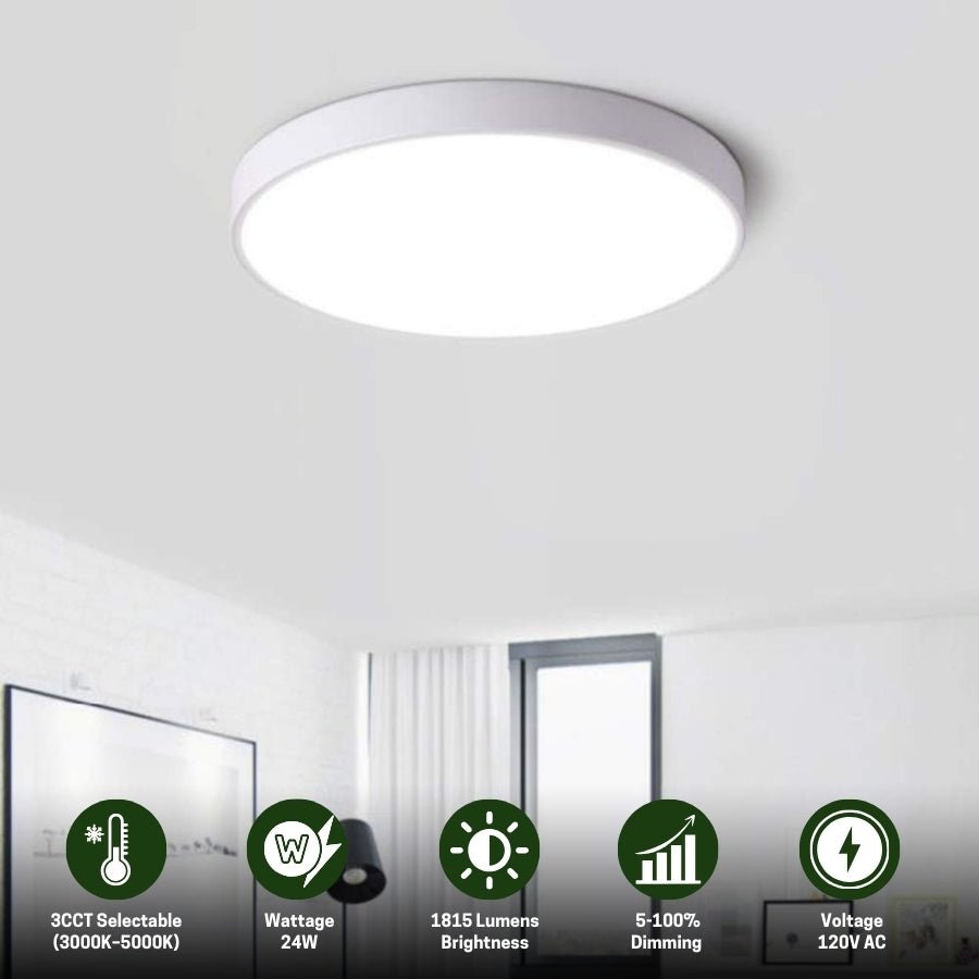 12" Ultra Thin LED Flush Mount Ceiling Light - 24W with 5 Color Temperatures 2700K/3000K/3500K/4000K/5000K - Slim 0.67in Round Surface Mount Fixture - Ideal for Laundry, Closets, Pantries, Hallways & Bathrooms - White Finish