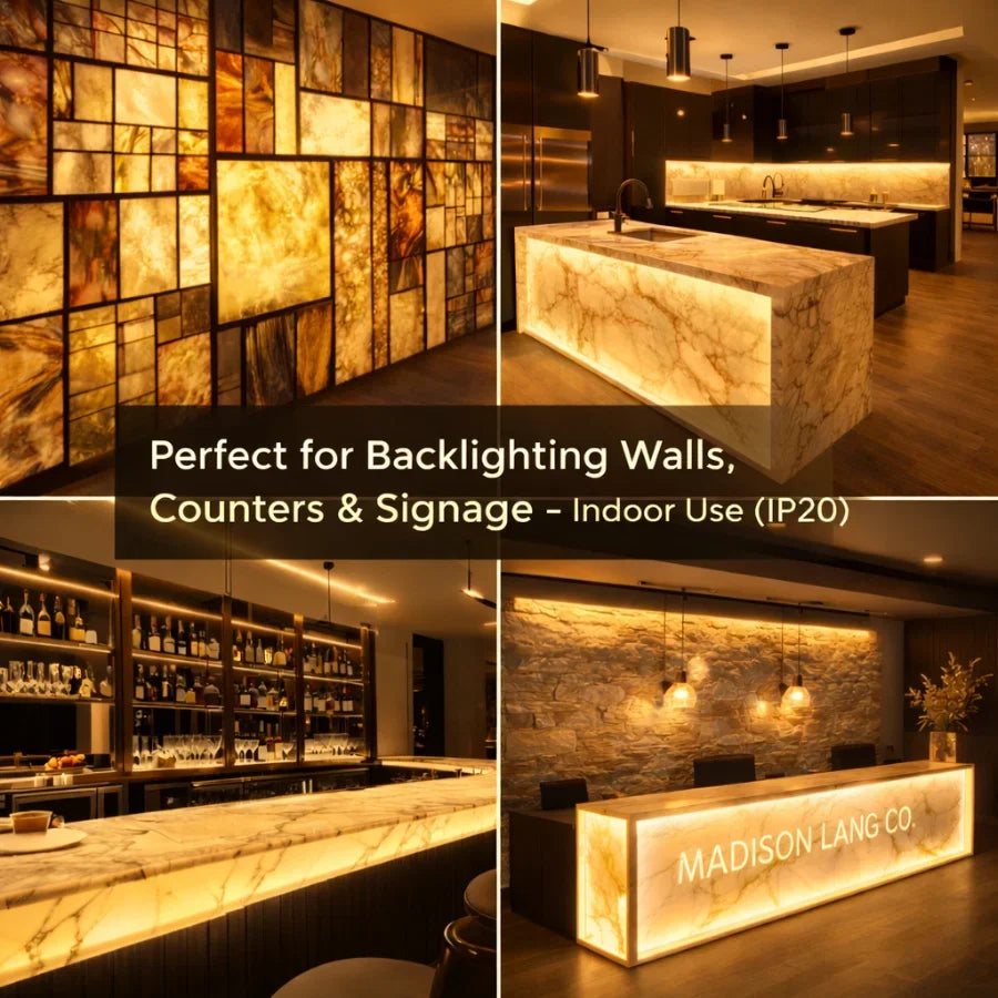 16.4ft x 9.45in Giant LED Sheet Roll 24V Flexible Cuttable Dimmable LED Backlight Panel, 2700K, Paper Thin Plug & Play LED Board for Countertops, Stained Glass & Accent Walls, UL Listed, IP20