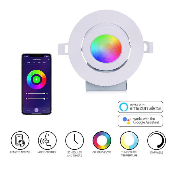4 Inch LED Gimbal Recessed Lighting, Slim Smart Wi-Fi RGBW (2700K-6500K), 9W Dimmable with Junction Box, Alexa & Google Compatible, ETL Listed - 4 Pack