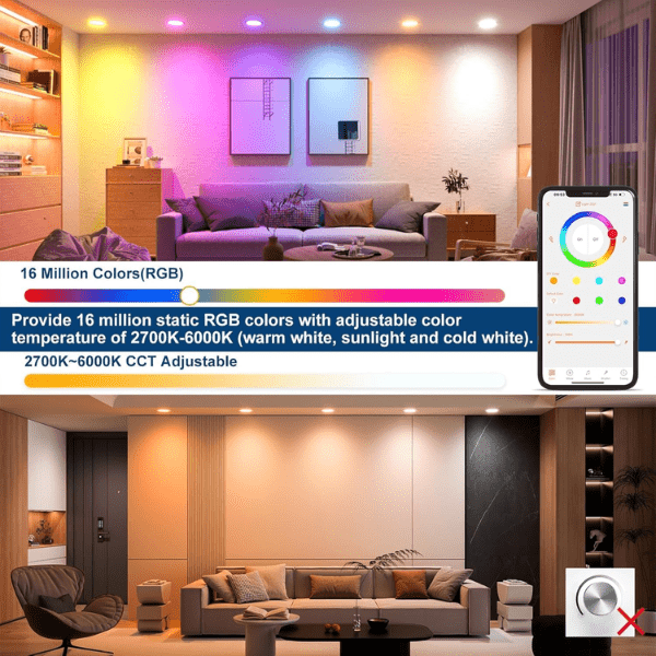 4 Inch LED Gimbal Recessed Lighting, Slim Smart Wi-Fi RGBW (2700K-6500K), 9W Dimmable with Junction Box, Alexa & Google Compatible, ETL Listed - 4 Pack