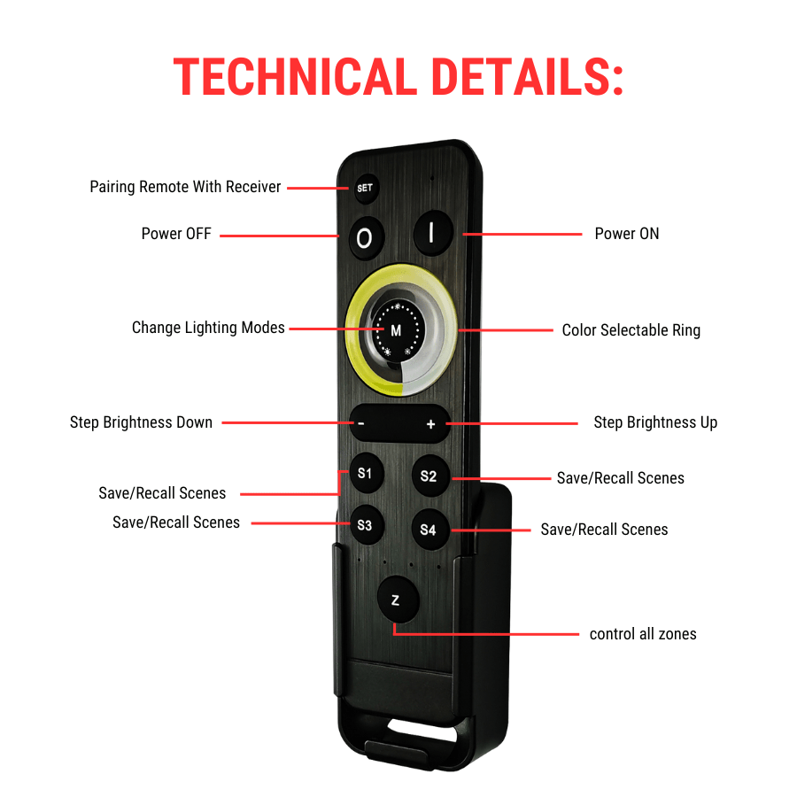 Remote Control LED Strip Lights Controller - 2-in-1 RF Wireless Dimmer for CCT & Single Color LEDs, 4-Zone Control, 1024-Level Dimming, 8 Dynamic Modes, Speed & Brightness Adjustment, Works with CW+WW Tunable White
