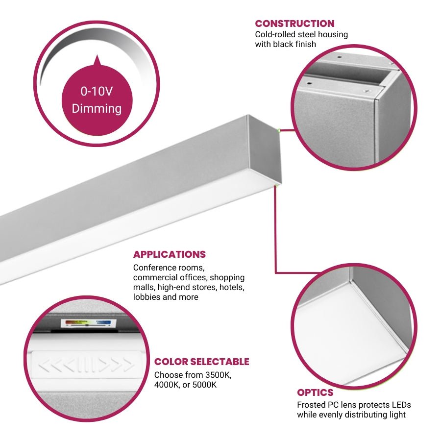 4FT LED Linear Light Fixture - Wattage Selectable 30W/40W/50W - CCT Adjustable 3500K/4000K/5000K - Dimmable Up/Down Strip Light - High Lumen Output, White Finish