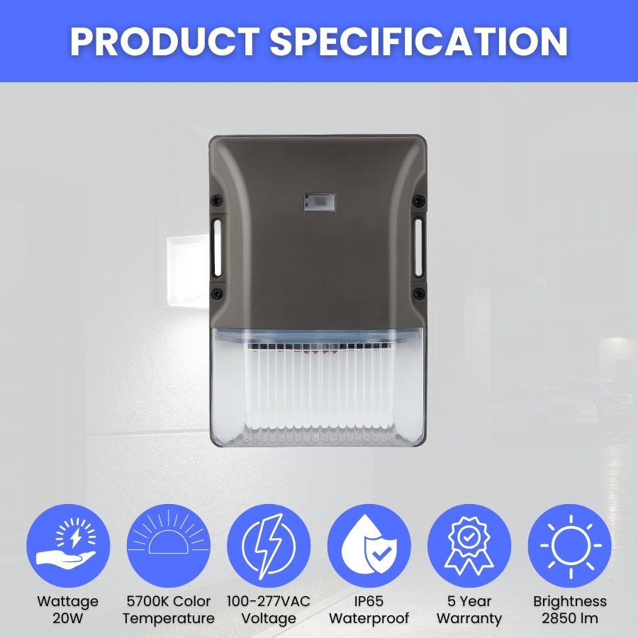 20W Mini LED Wall Pack Light - 2850 Lumens, 5700K Daylight, Dimmable, UL & DLC Listed, IP65 Waterproof, 3-Year Warranty