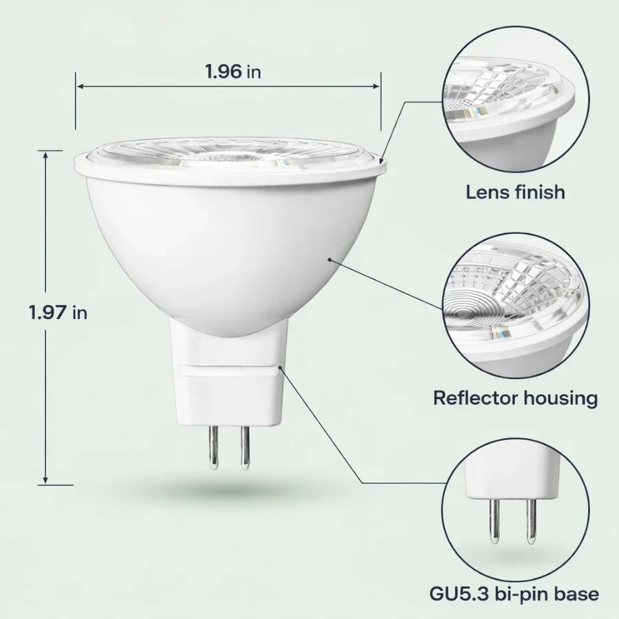 LED MR16 Bulb, 5W (35W Halogen Equivalent), 300 Lumens, 3000K Warm White, 40° Flood Beam, Dimmable, 12V Low Voltage, GU5.3 Base, UL Damp Rated, Accent & Task Lighting