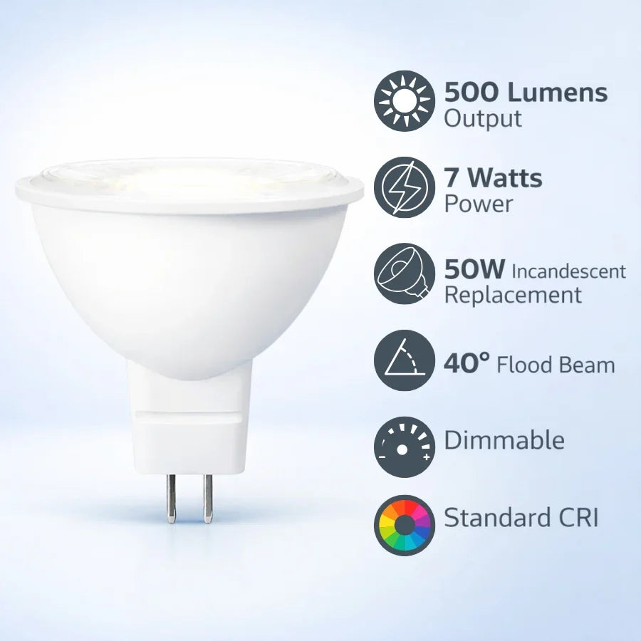 LED MR16 Bulb, 7W (50W Halogen Equivalent), 500 Lumens, 5000K Daylight White, 40° Flood Beam, Dimmable, 12V Low Voltage, GU5.3 Base, UL Damp Rated, Accent & General Lighting