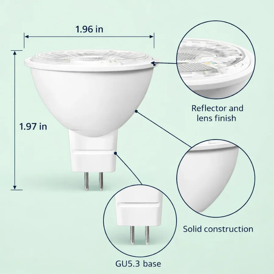 LED MR16 Bulb, 7W (50W Halogen Equivalent), 500 Lumens, 5000K Daylight White, 40° Flood Beam, Dimmable, 12V Low Voltage, GU5.3 Base, UL Damp Rated, Accent & General Lighting