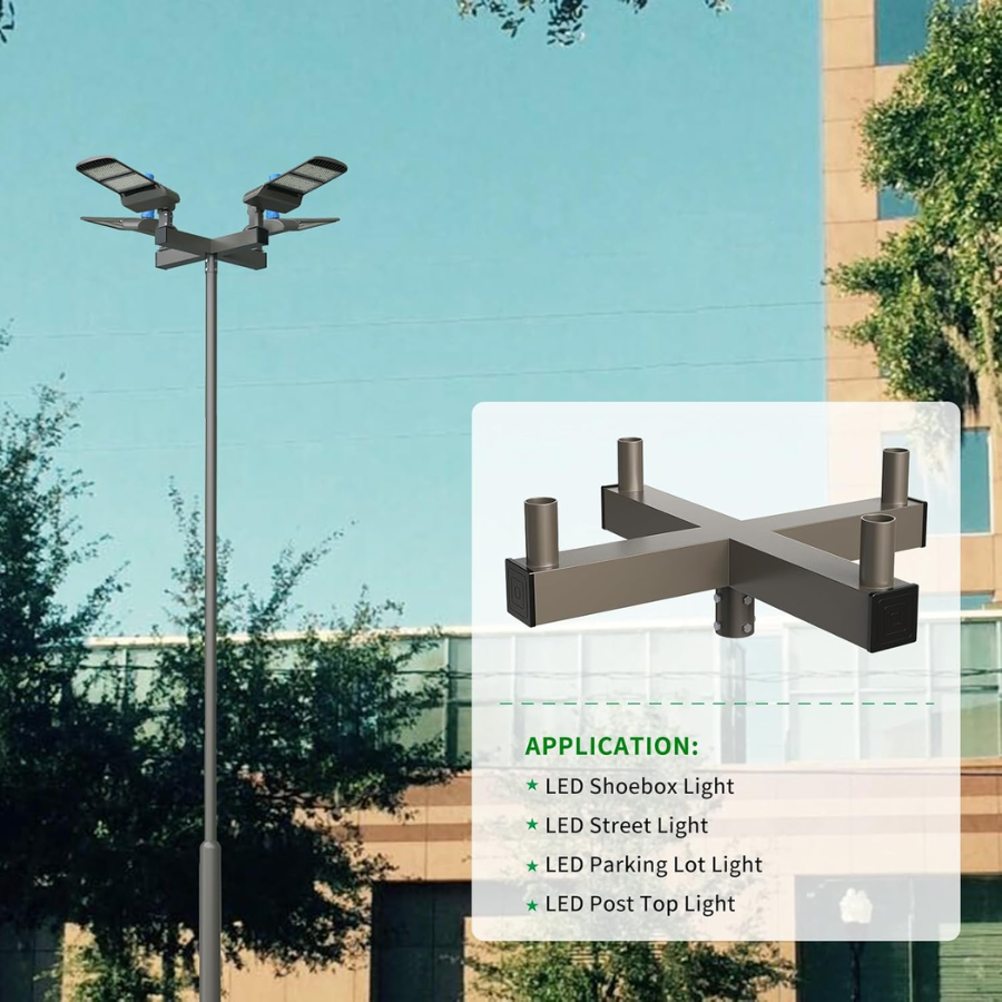 90 Degrees Bullhorn Tenon with 4 Arms Adapter, Mouting for 4 Light fixtures with Round Pole, Brown Color, Mouting Bracket LED Parking lot Lights, Outdoor LED Shoebox Pole Lights