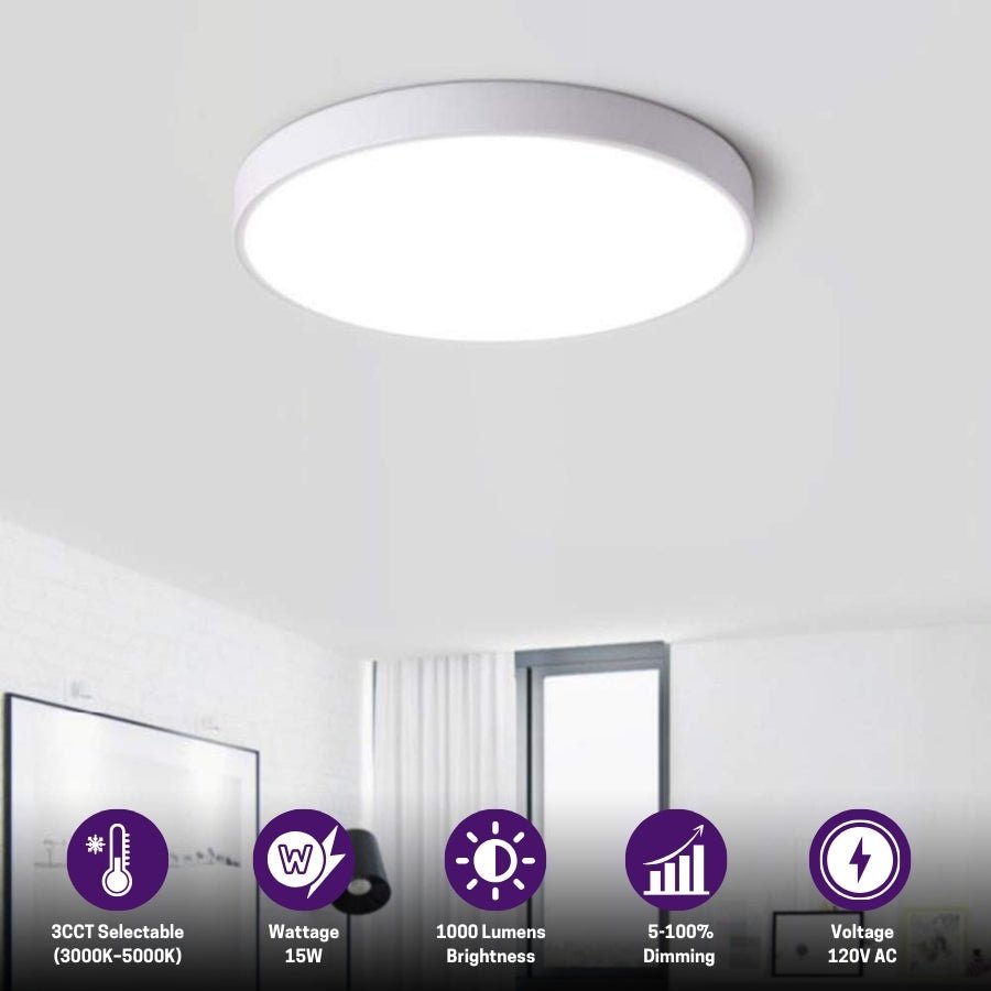 7 Inch LED Multiple 5CCT Ultra-Thin Surface Mount Downlight, Edge lit Flat Panel Disk Downlight for Wet Location, Dimmable, 120V, 15W, 1000LM, ETL Certified, White