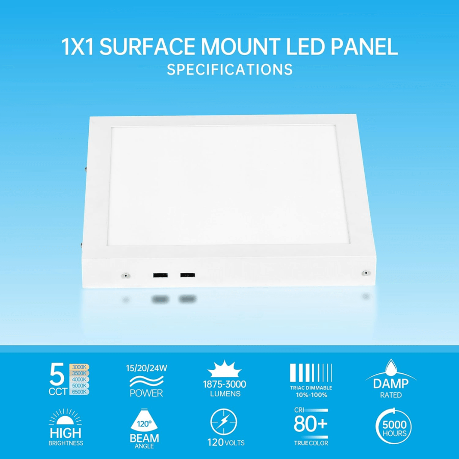 1x1 LED Panel Light, Surface Mount, 15W/20W/24W, 1875-3000 Lumens, 5CCT 3000K-6500K Selectable, Triac Dimmable Flush Ceiling Light Fixture For Kitchen, Garage, Office, Home - White, 2-Pack