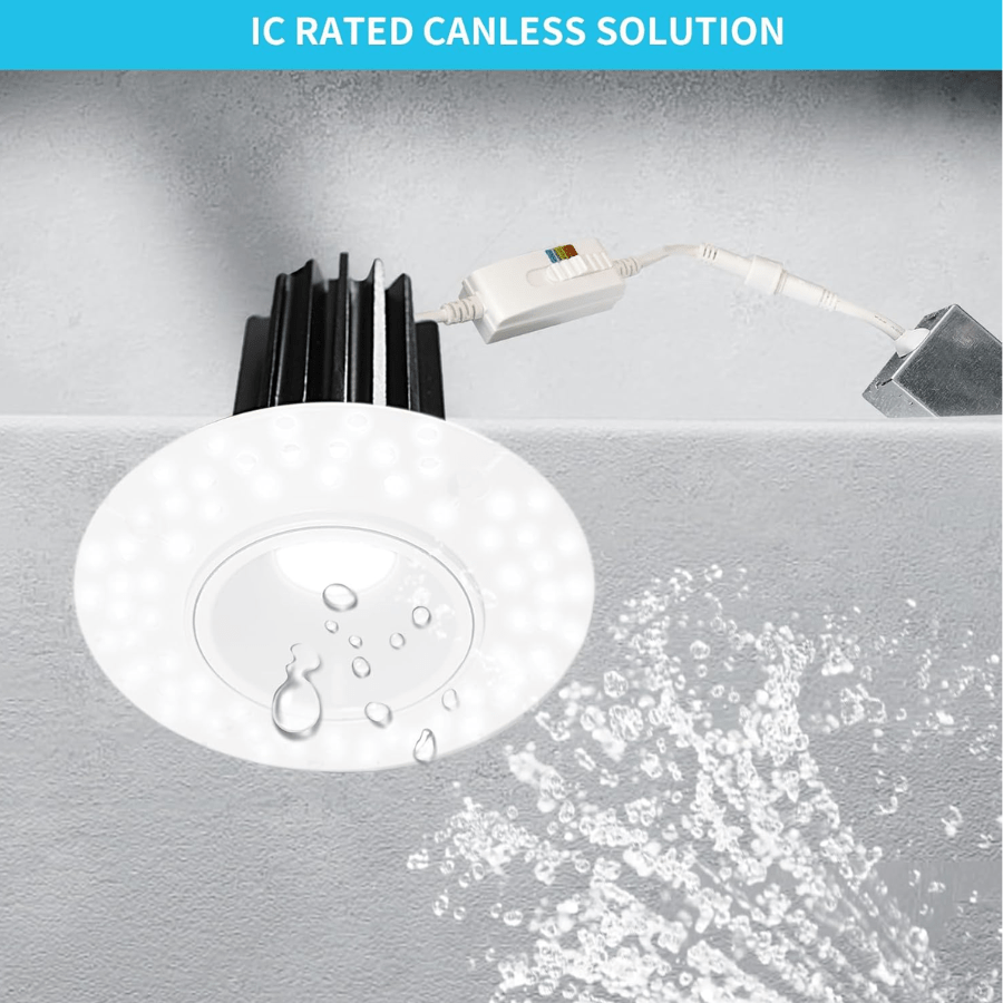1 Inch 7W Round LED Trimless Downlight with Junction Box, 600 Lumens, 2700K/3000K/3500K/4000K/5000K Selectable, AC120V TRIAC/ELV dimmers, White Trim, IC Rated, CRI 90+ Wet Location ETL Listed