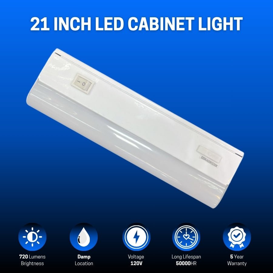 21 Inch LED Under Cabinet Light, 9W, 3CCT 3000K/4000K/5000K, 720 Lumens, Hardwired, On/Off Switch, CRI 80+, ETL Certified - Ideal For Kitchen, Pantry, Closet, Workbench, Office, Garage, And Display Lighting